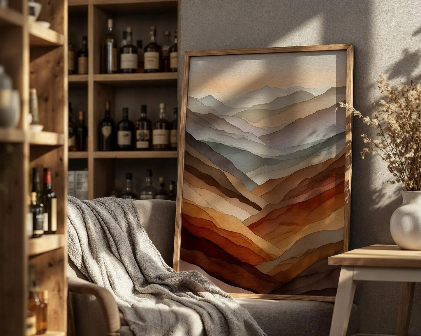 Abstract Layered Mountains Watercolor Print, Soft Neutral Landscape Wall Art,