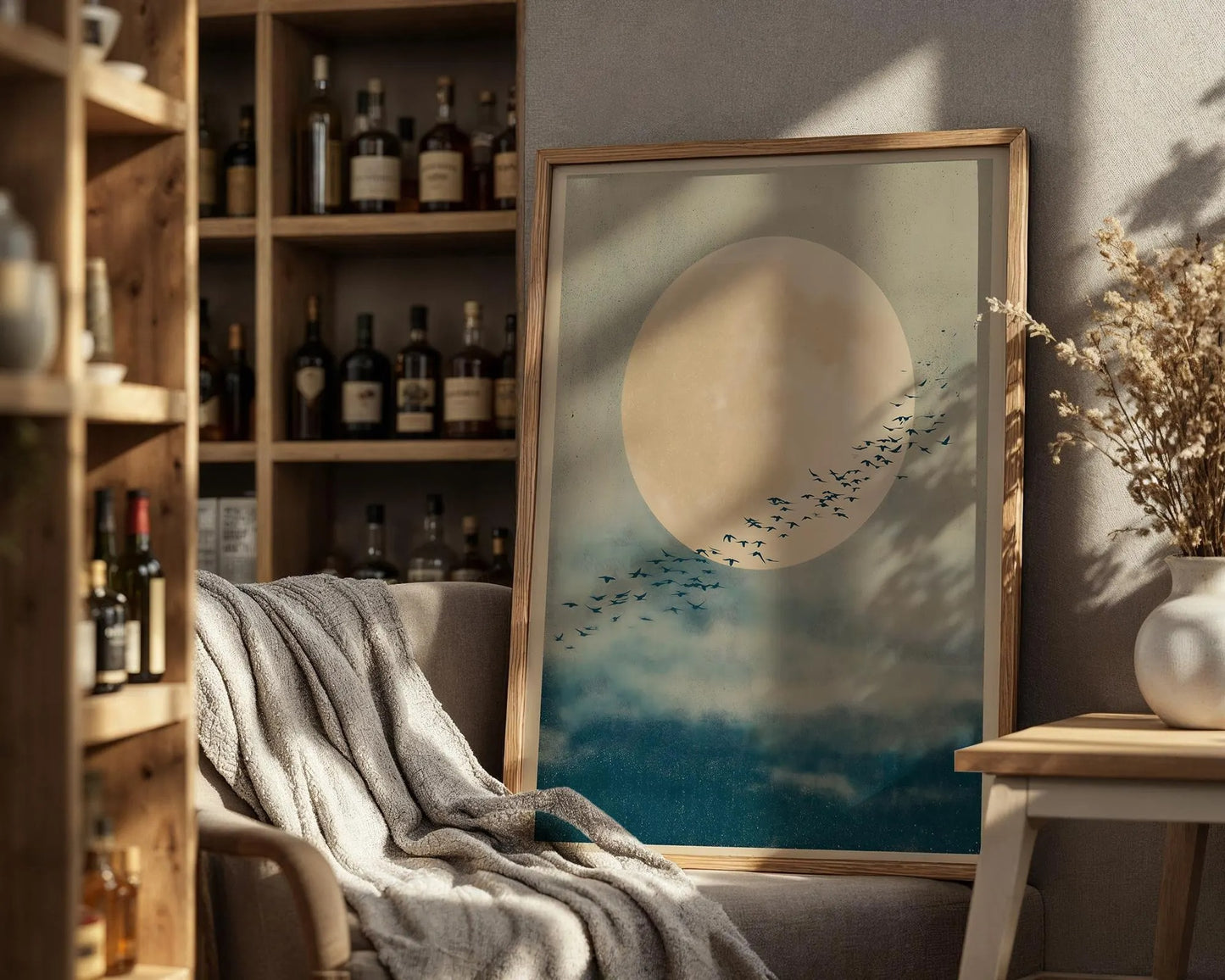 Japandi Full Moon Birds in Flight Print, Serene Minimal Wall Art