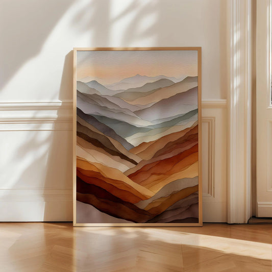 Abstract Layered Mountains Watercolor Print, Soft Neutral Landscape Wall Art,