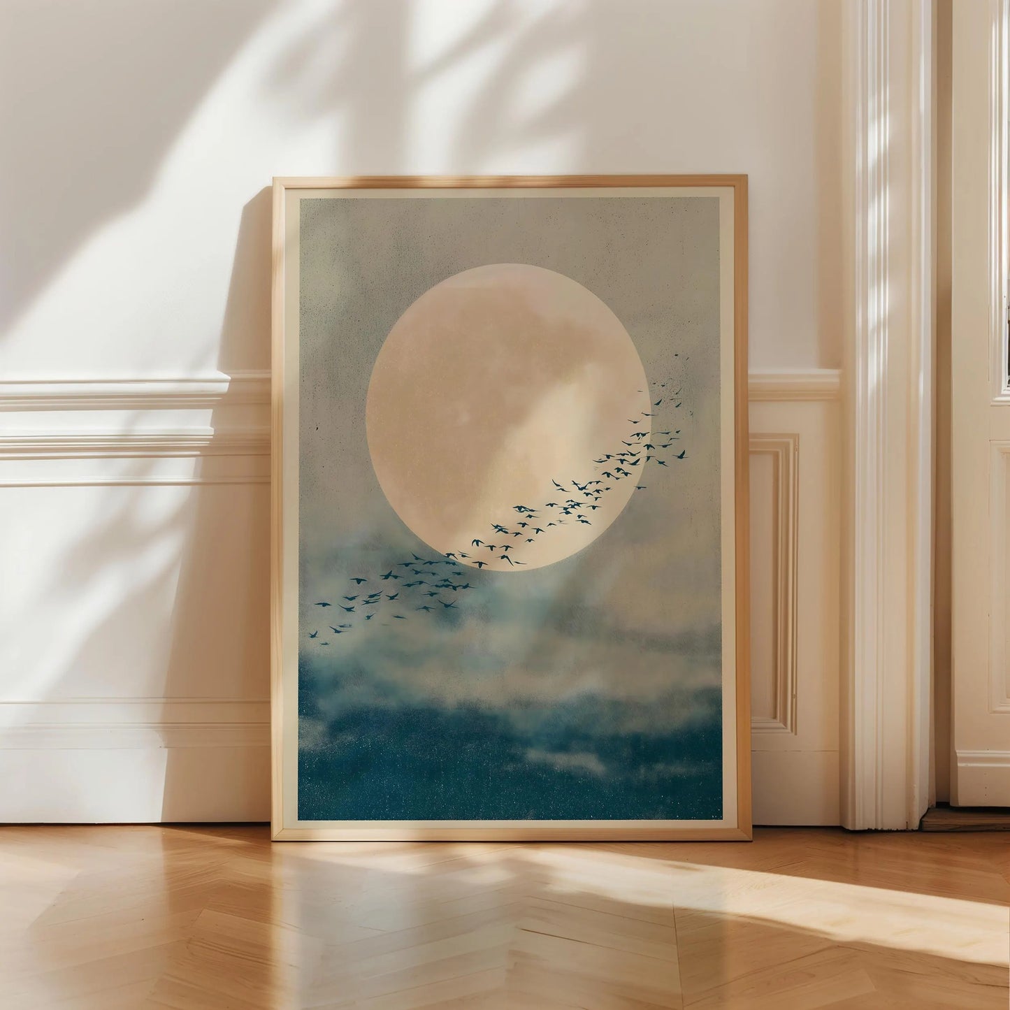 Japandi Full Moon Birds in Flight Print, Serene Minimal Wall Art