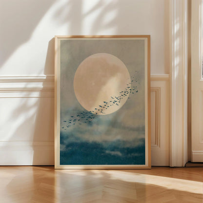 Japandi Full Moon Birds in Flight Print, Serene Minimal Wall Art