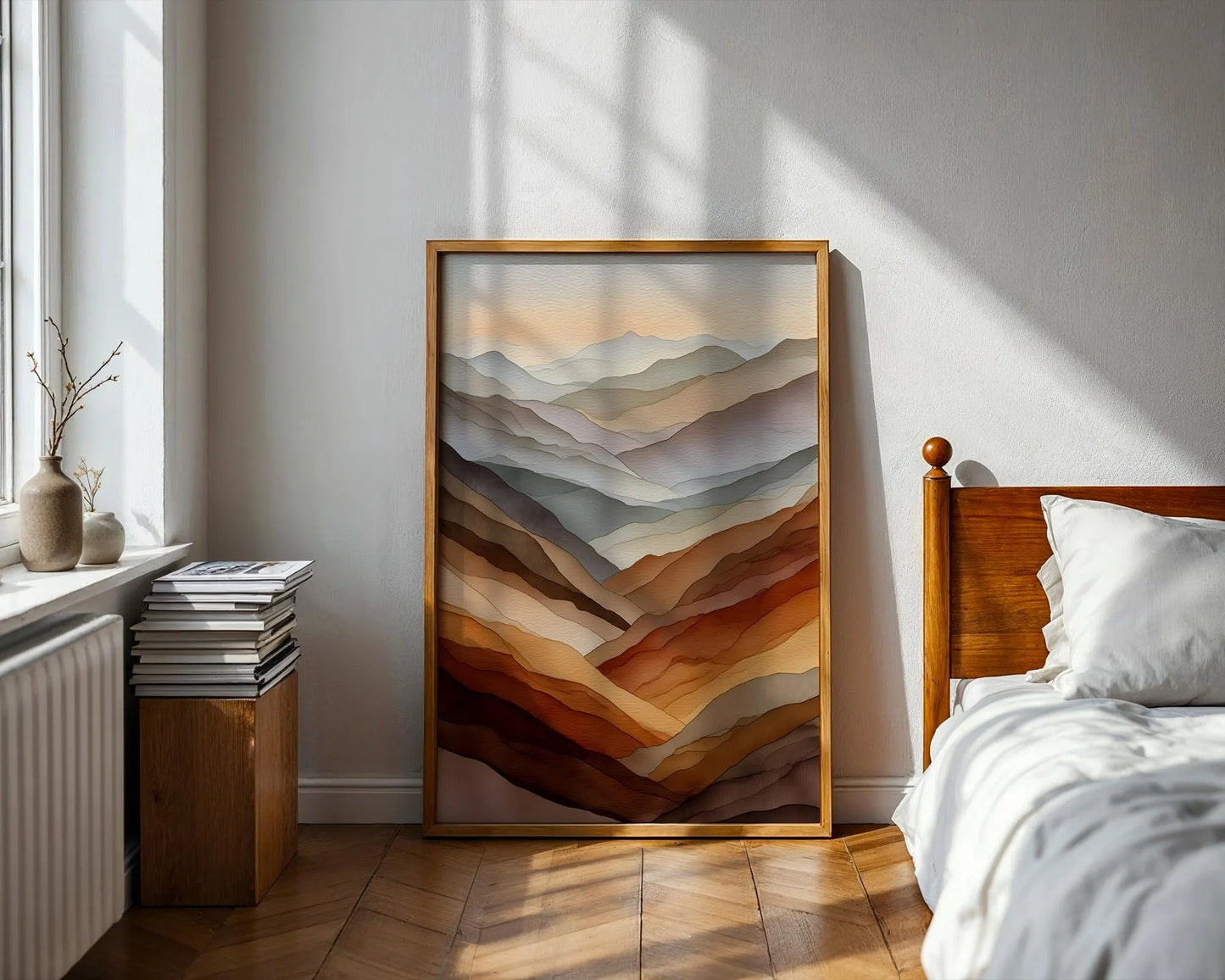 Abstract Layered Mountains Watercolor Print, Soft Neutral Landscape Wall Art,