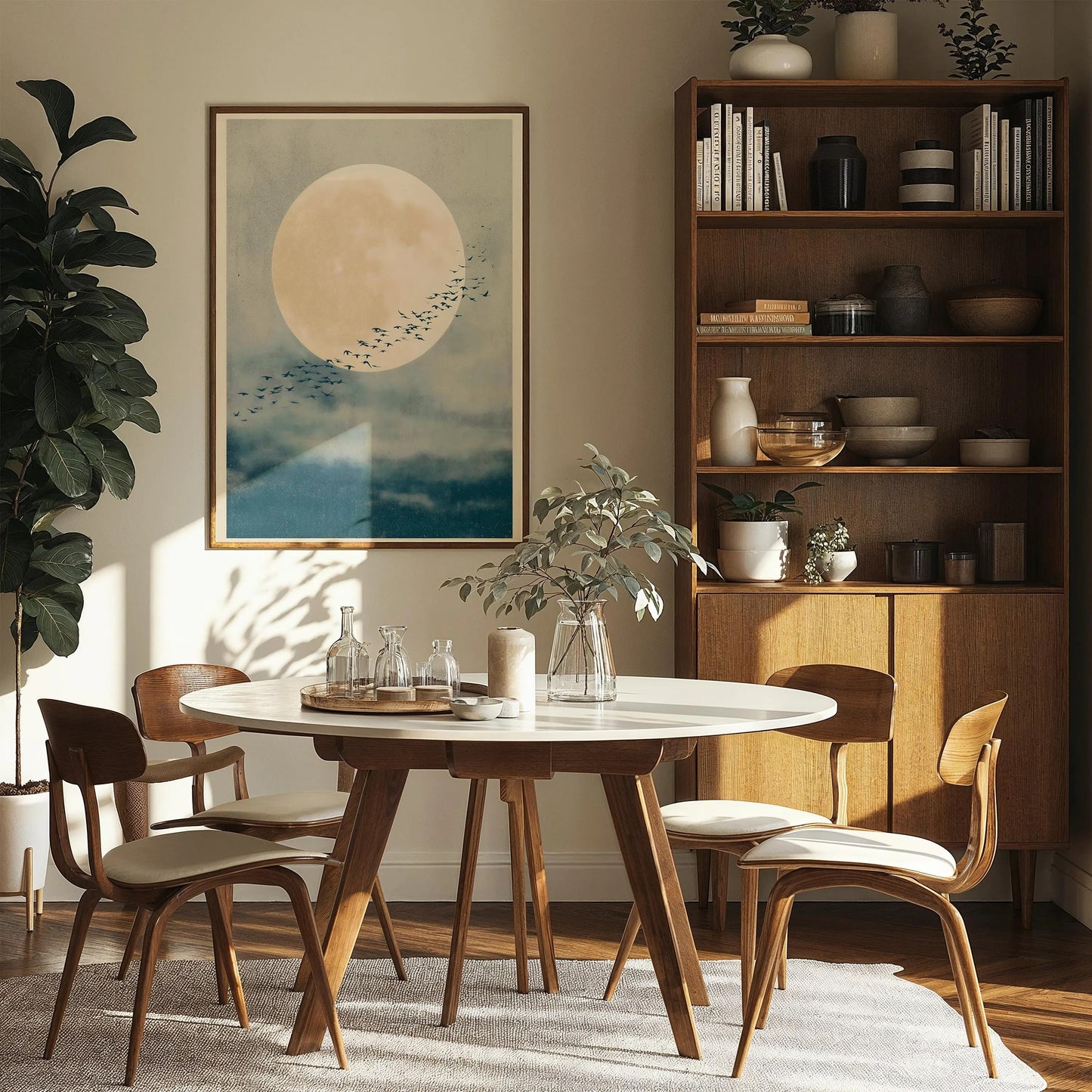 Japandi Full Moon Birds in Flight Print, Serene Minimal Wall Art