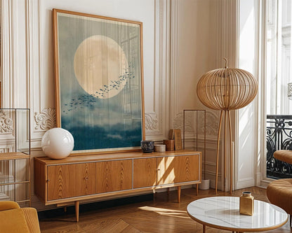 Japandi Full Moon Birds in Flight Print, Serene Minimal Wall Art