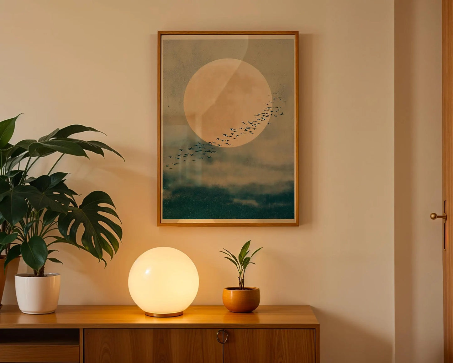 Japandi Full Moon Birds in Flight Print, Serene Minimal Wall Art